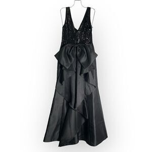 Adrianna Papell Women's Sequin Mikado Gown Black Bow Back Dress Size 6